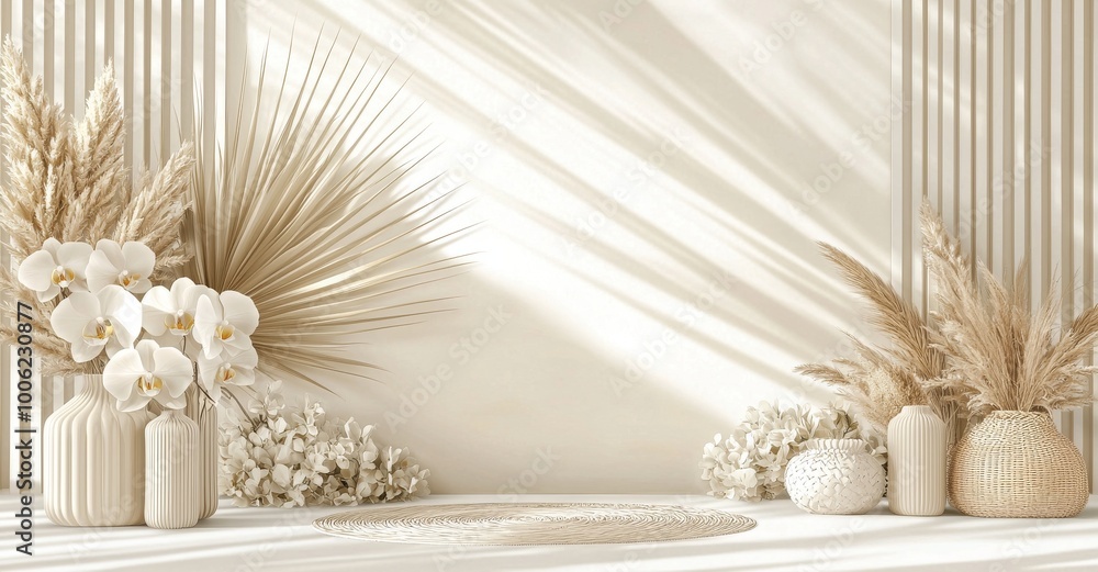 On a white background, tropical leaves, pastel drawings, and wallpaper covered with photos On a white background, tropical leaves, pastel drawings, and wallpaper covered with photos