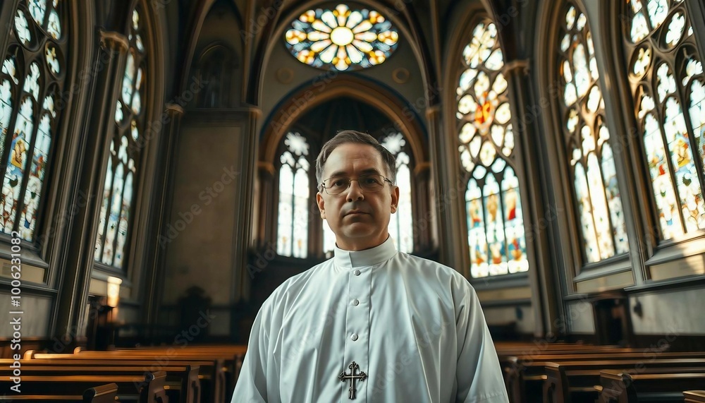Wide-angle portrait of a priest in a bright, airy, historical church. Wide-angle portrait of a priest in a bright, airy, historical church.