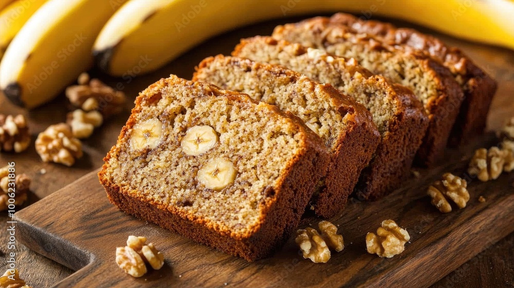 A mouthwatering slice of banana bread, moist and flavorful with ripe bananas, walnuts, and a hint of cinnamon, served on a rustic wooden board. A mouthwatering slice of banana bread, moist and flavorful with ripe bananas, walnuts, and a hint of cinnamon, served on a rustic wooden board.