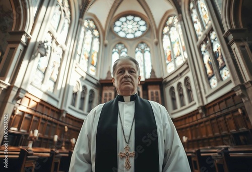 Wide-angle portrait of a priest in a bright, airy, historical church.