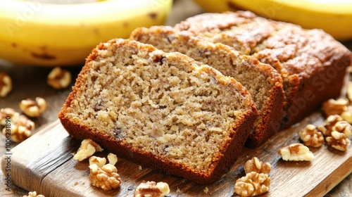 Obraz na plátně A mouthwatering slice of banana bread, moist and flavorful with ripe bananas, walnuts, and a hint of cinnamon, served on a rustic wooden board