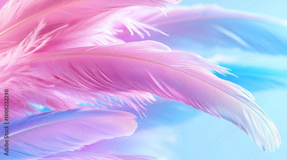 Obraz premium Colorful and delicate feather background with natural, neutral and pastel colors and delicate elements from nature. Wallpaper with natural texture. Purity and beauty. Colorful natural feather