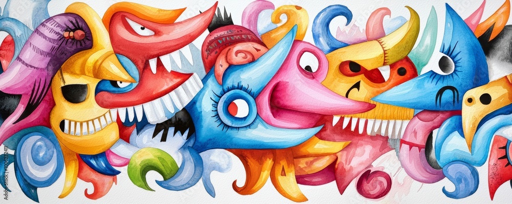 Obraz premium A repeating motif of expressive tribal masks and dancing figures, capturing the essence of ancient cultures and their spiritual symbols.