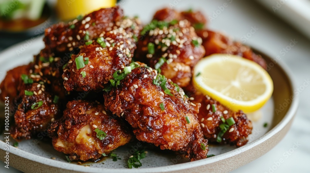 A plate of crispy and flavorful karaage, Japanese-style fried chicken marinated in soy sauce, ginger, and garlic, served with a squeeze of lemon. A plate of crispy and flavorful karaage, Japanese-style fried chicken marinated in soy sauce, ginger, and garlic, served with a squeeze of lemon.