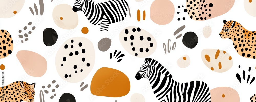 A repeating wildlife motif with safari animals and tribal symbols, combining bold zebra stripes and leopard spots in an earthy color palette. A repeating wildlife motif with safari animals and tribal symbols, combining bold zebra stripes and leopard spots in an earthy color palette.