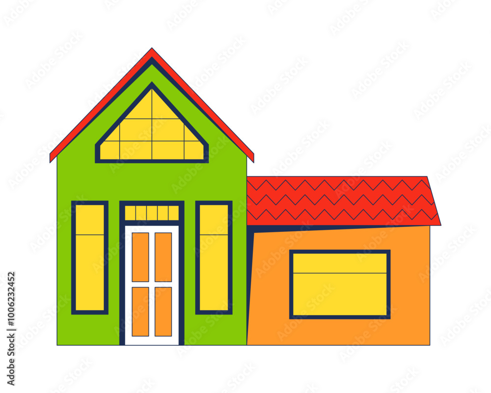 Modern house with garage 2D cartoon object. Contemporary front door. Real estate facade. Architectural building exterior isolated element flat vector clipart on white background. Spot illustration Modern house with garage 2D cartoon object. Contemporary front door. Real estate facade. Architectural building exterior isolated element flat vector clipart on white background. Spot illustration