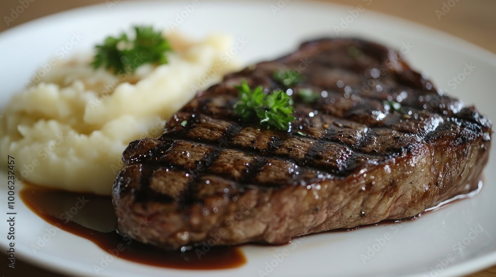 A perfectly grilled steak served with a side of creamy mashed potatoes and a drizzle of savory steak sauce, plated with attention to detail. A perfectly grilled steak served with a side of creamy mashed potatoes and a drizzle of savory steak sauce, plated with attention to detail.