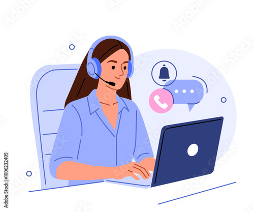 Woman hotline operator wearing headphones and microphone typing on laptop. Call center, customer service, assistance concept. Vector illustration.