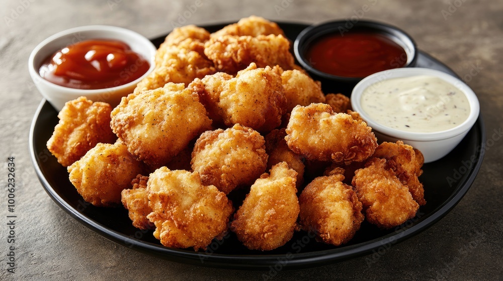 A plate of crispy chicken nuggets served with a variety of dipping sauces, including ketchup, barbecue, and ranch, a favorite snack for kids and adults alike. A plate of crispy chicken nuggets served with a variety of dipping sauces, including ketchup, barbecue, and ranch, a favorite snack for kids and adults alike.