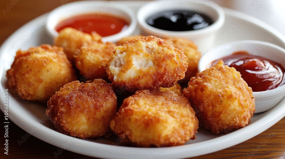 A plate of crispy chicken nuggets served with a variety of dipping sauces, including ketchup, barbecue, and ranch, a favorite snack for kids and adults alike. A plate of crispy chicken nuggets served with a variety of dipping sauces, including ketchup, barbecue, and ranch, a favorite snack for kids and adults alike.