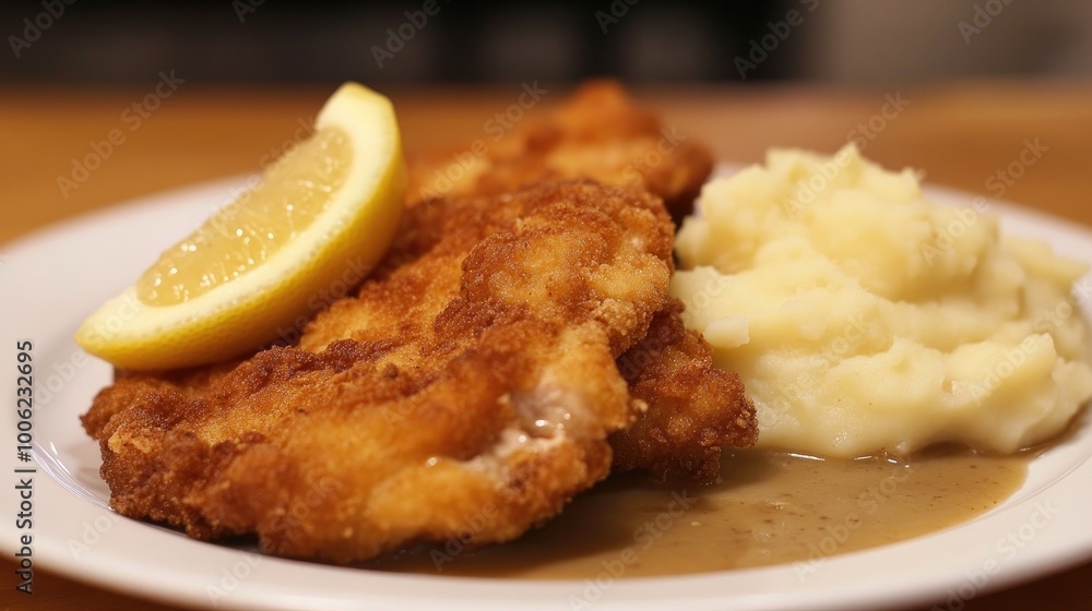 A plate of crispy chicken schnitzel served with a wedge of lemon and a side of creamy mashed potatoes and gravy, a comforting classic dish. A plate of crispy chicken schnitzel served with a wedge of lemon and a side of creamy mashed potatoes and gravy, a comforting classic dish.