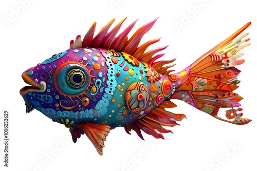 Fish sculpture, vibrant colors, detailed rendering, in the style photo