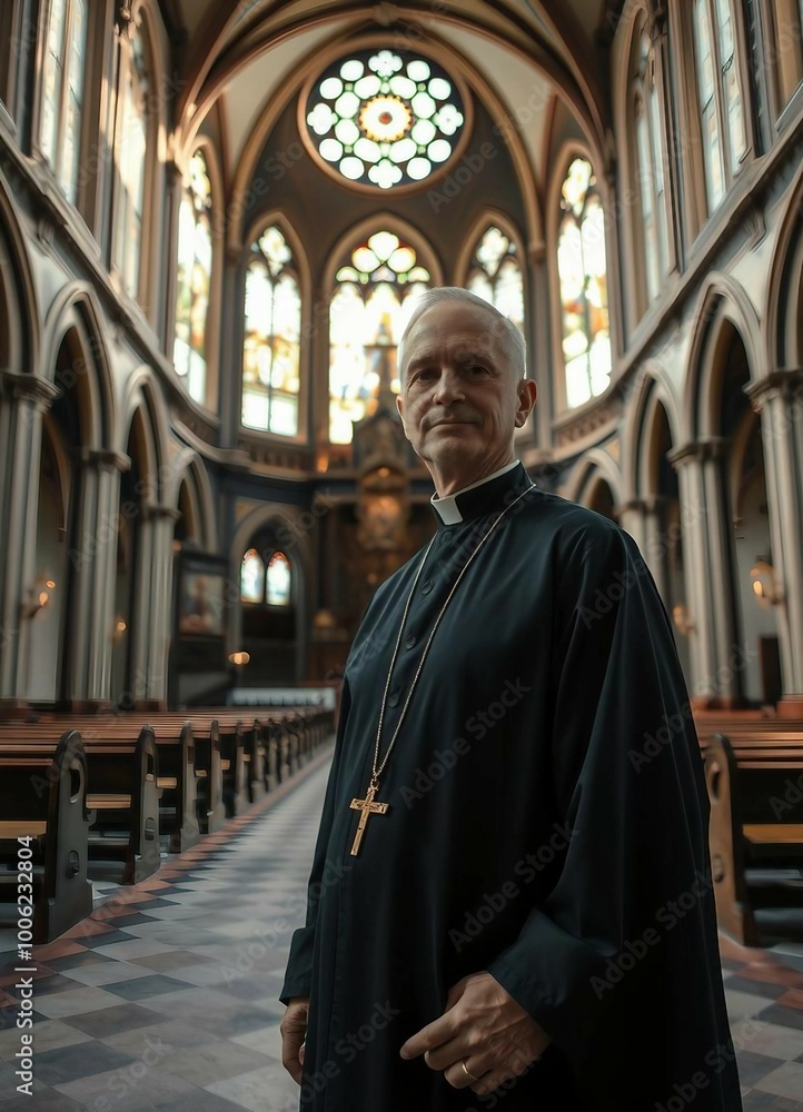 Naklejka premium Wide-angle portrait of a priest in a bright, airy, historical church.