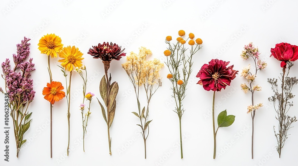 Vibrant Arrangement of Colorful Flowers on White Background Vibrant Arrangement of Colorful Flowers on White Background