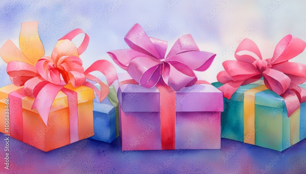 A trio of festive gifts, wrapped in colorful paper and tied with large bows, radiating holiday cheer. A trio of festive gifts, wrapped in colorful paper and tied with large bows, radiating holiday cheer.