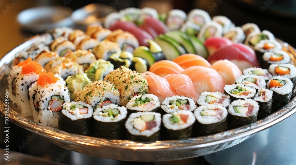 A platter of fresh and flavorful sushi rolls, including California rolls, spicy tuna rolls, and crunchy tempura rolls, served with soy sauce and wasabi. A platter of fresh and flavorful sushi rolls, including California rolls, spicy tuna rolls, and crunchy tempura rolls, served with soy sauce and wasabi.
