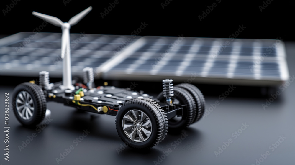 Electric vehicle model with solar panels and wind turbine Electric vehicle model with solar panels and wind turbine