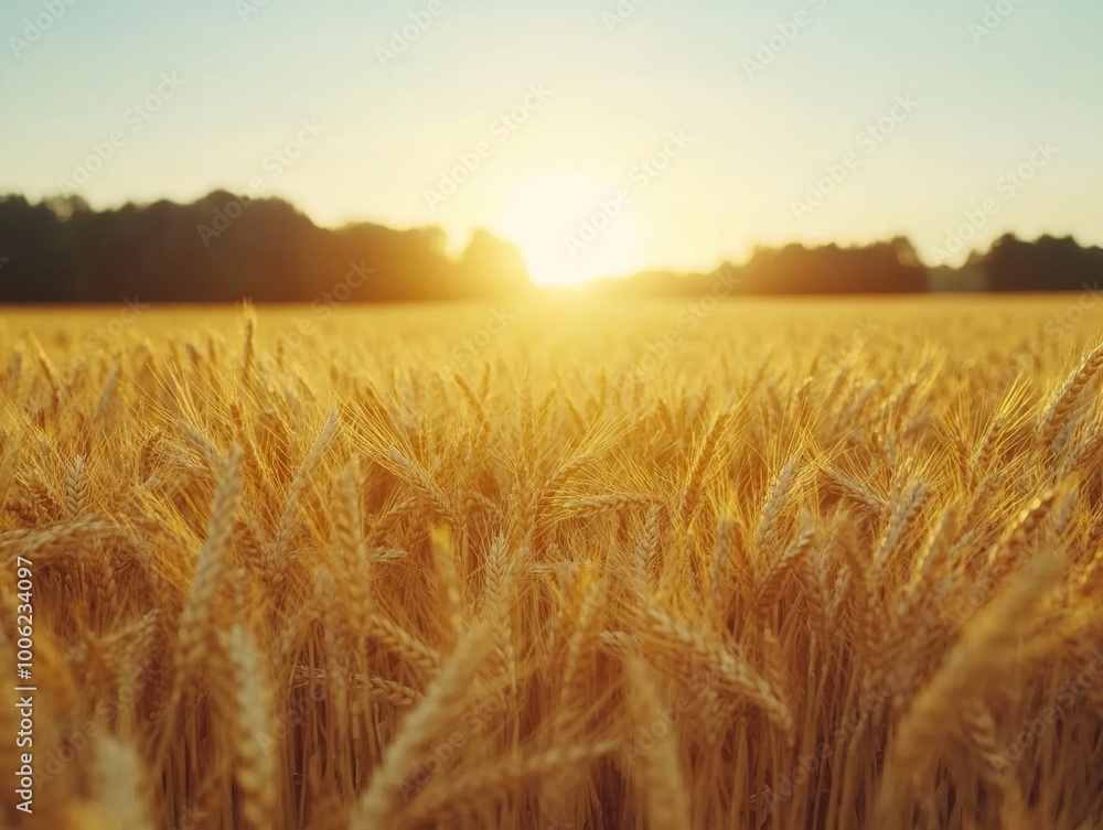 A detailed close-up panoramic view of golden wheat fields gently swaying in the breeze under a clear azure sky during a vibrant sunset. Warm sunlight casts a golden glow over the landscape. A detailed close-up panoramic view of golden wheat fields gently swaying in the breeze under a clear azure sky during a vibrant sunset. Warm sunlight casts a golden glow over the landscape.