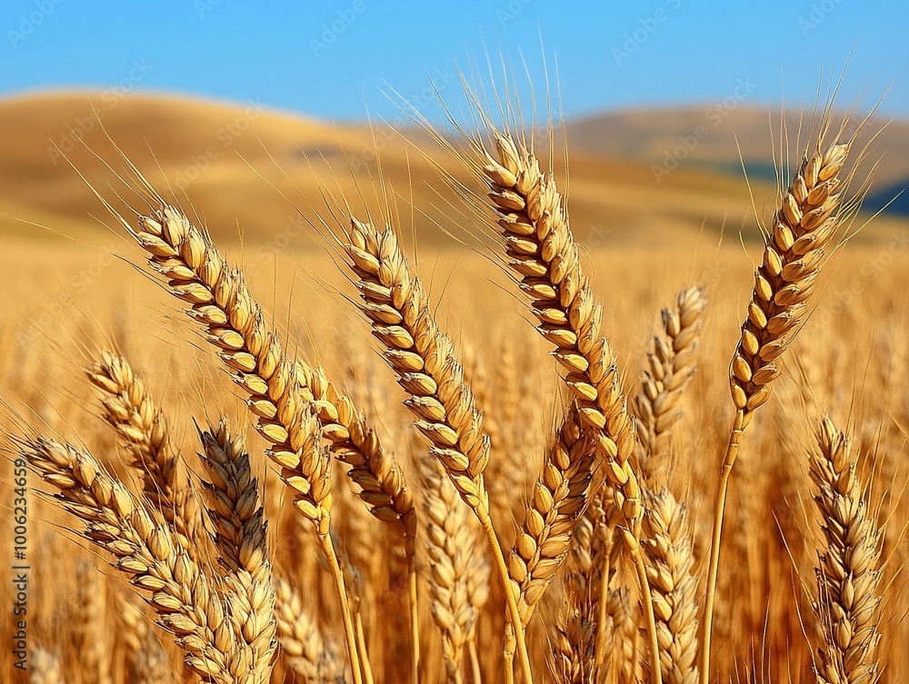 A detailed close-up panoramic view of golden wheat fields gently swaying in the breeze under a clear azure sky during a vibrant sunset. Warm sunlight casts a golden glow over the landscape. A detailed close-up panoramic view of golden wheat fields gently swaying in the breeze under a clear azure sky during a vibrant sunset. Warm sunlight casts a golden glow over the landscape.