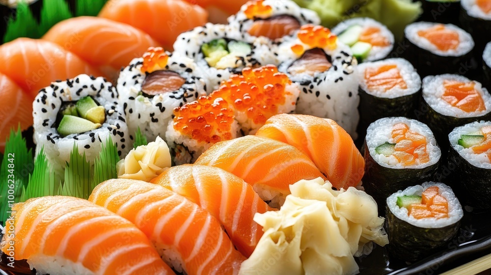 A platter of sushi rolls filled with fresh salmon, avocado, and cucumber, garnished with tobiko and served with soy sauce and wasabi. A platter of sushi rolls filled with fresh salmon, avocado, and cucumber, garnished with tobiko and served with soy sauce and wasabi.