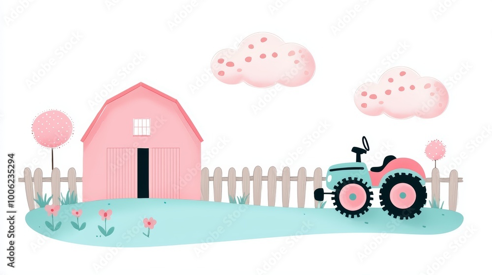 Whimsical farm elements including a barn, tractor, wooden fence, and cheerful clouds in soft colors. Whimsical farm elements including a barn, tractor, wooden fence, and cheerful clouds in soft colors.