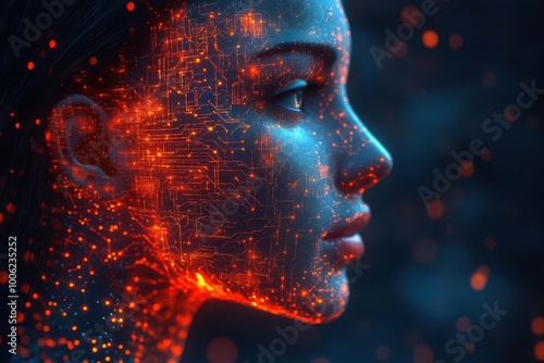 intricate humanoid head design featuring artificial intelligence elements glowing circuits and futuristic patterns representing the convergence of technology and humanity