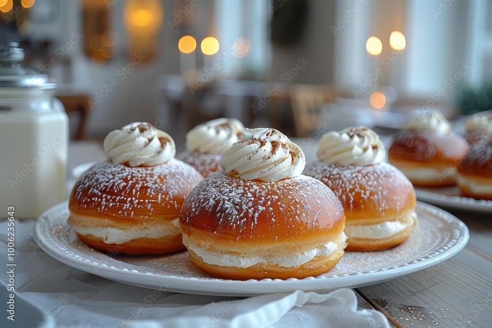 Sweden: Semla A round cardamom bun filled with almond paste and whipped cream, dusted with powdered sugar Sweden: Semla A round cardamom bun filled with almond paste and whipped cream, dusted with powdered sugar