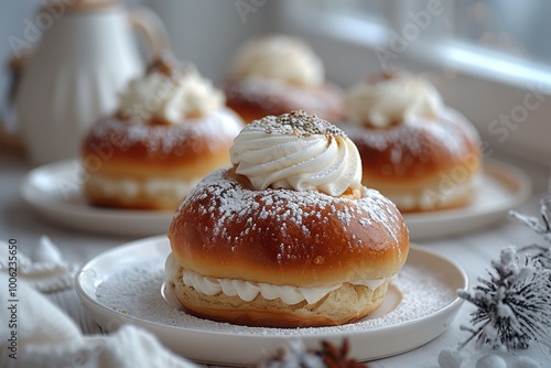 Sweden: Semla A round cardamom bun filled with almond paste and whipped cream, dusted with powdered sugar