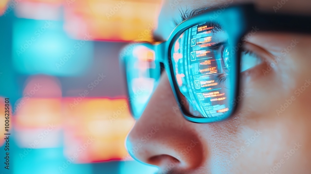 Close-Up of Glasses Reflecting Digital Data Streams Close-Up of Glasses Reflecting Digital Data Streams