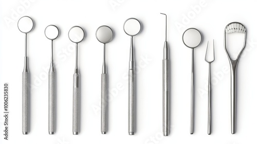 isolated dental instruments on a white background. A collection of metal dental tools and medical equipment. both dental health and fresh breath. Dentistry concept. Dental hygiene. 