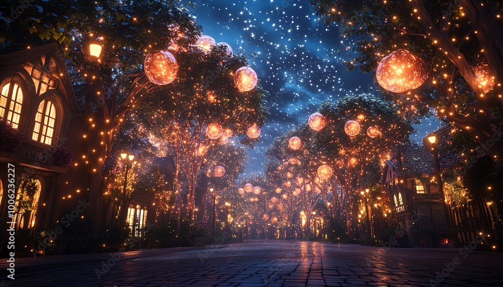 Twinkling lights illuminate a pathway. Twinkling lights illuminate a pathway.
