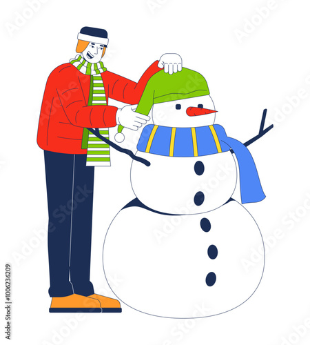 Winter puffer jacket man putting hat on snowman 2D cartoon character. Wintertime outdoor activity. Outerwear asian male isolated person flat vector on white background. Spot illustration colorful