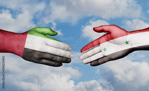 Syria and United Arab Emirates country handshaking with flags, consensus concept international co-operation illustration photo