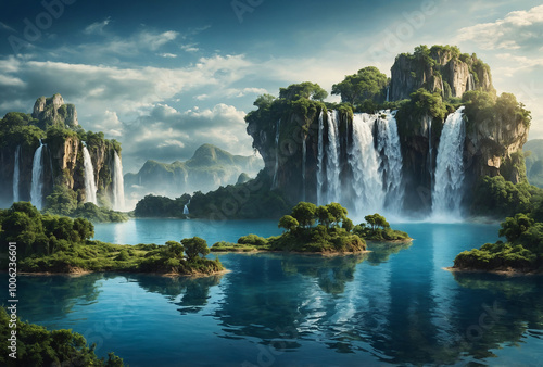 Fototapeta Naklejka Na Ścianę i Meble -  surreal landscape with floating islands and waterfalls, merging elements of nature and fantasy