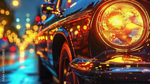 Close up front headlights.car light blinking on continuously.headlight glass,