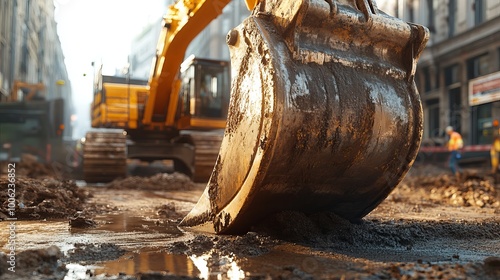 Excavator bucket tread on a street construction site photo