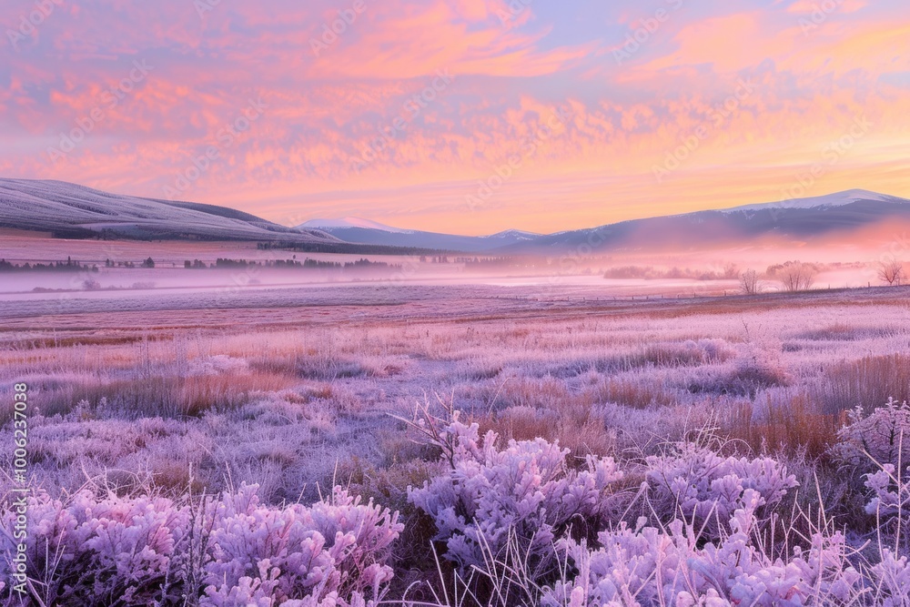 Frost-covered meadow sparkles under the soft pink and orange hues of a November dawn sky capturing serene beauty Frost-covered meadow sparkles under the soft pink and orange hues of a November dawn sky capturing serene beauty