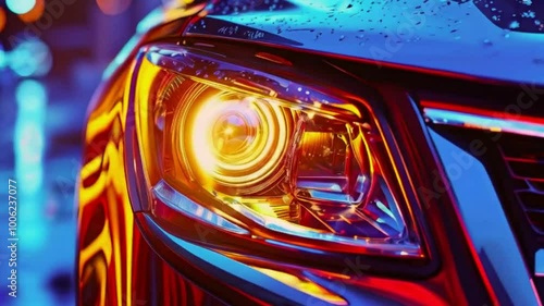 Close up front headlights.car light blinking on continuously.headlight glass,