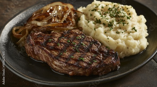 Fotografie A beautifully presented steak platter featuring a grilled ribeye steak, creamy mashed potatoes, and caramelized onions, served with a flourish
