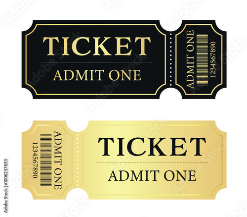 Tickets Templates, Admit One, Golden, Black, EPS 10, Isolated, Premium, Vector