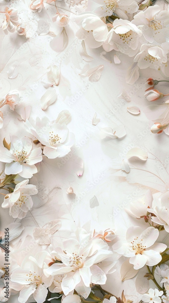 Image shows white flowers spread out in the background, full bloom with visible petal details. Dreamy, peaceful atmosphere created by softness, elegance, and blur effect. Image shows white flowers spread out in the background, full bloom with visible petal details. Dreamy, peaceful atmosphere created by softness, elegance, and blur effect.