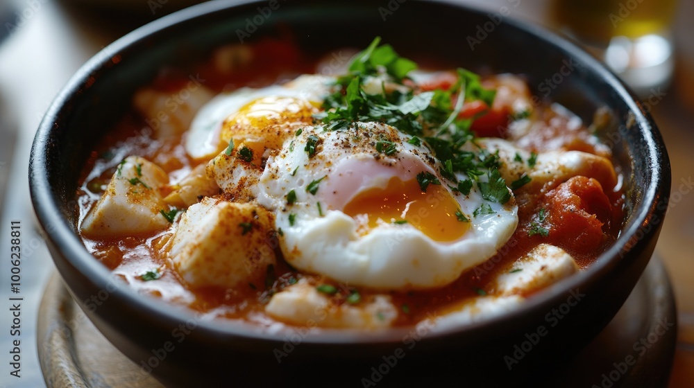 A bowl of homemade fish stew with poached eggs, brimming with tender seafood and aromatic spices, served piping hot. A bowl of homemade fish stew with poached eggs, brimming with tender seafood and aromatic spices, served piping hot.
