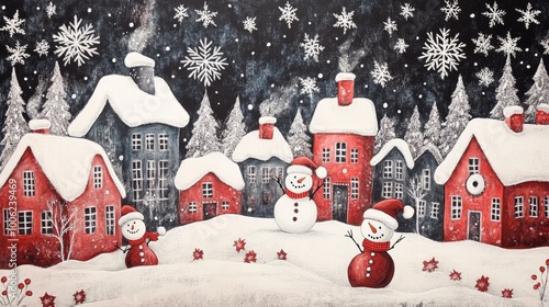 A winter holiday scene depicting cheerful snowmen and cozy snow-covered houses against a dark sky with beautiful snowflakes falling.
