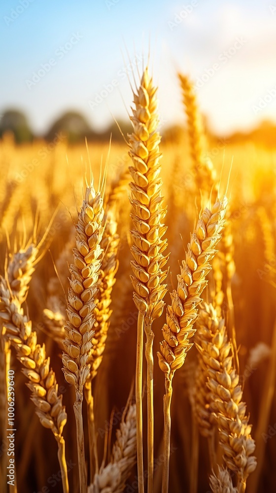 A detailed close-up panoramic view of golden wheat fields gently swaying in the breeze under a clear azure sky during a vibrant sunset. Warm sunlight casts a golden glow over the landscape. A detailed close-up panoramic view of golden wheat fields gently swaying in the breeze under a clear azure sky during a vibrant sunset. Warm sunlight casts a golden glow over the landscape.