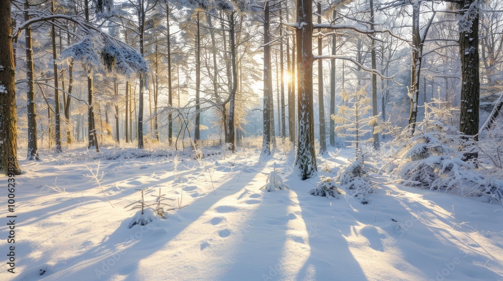 Obraz premium Pristine snow-covered woodland with frosted pine tree soft light casting long shadows serene winter wonderland