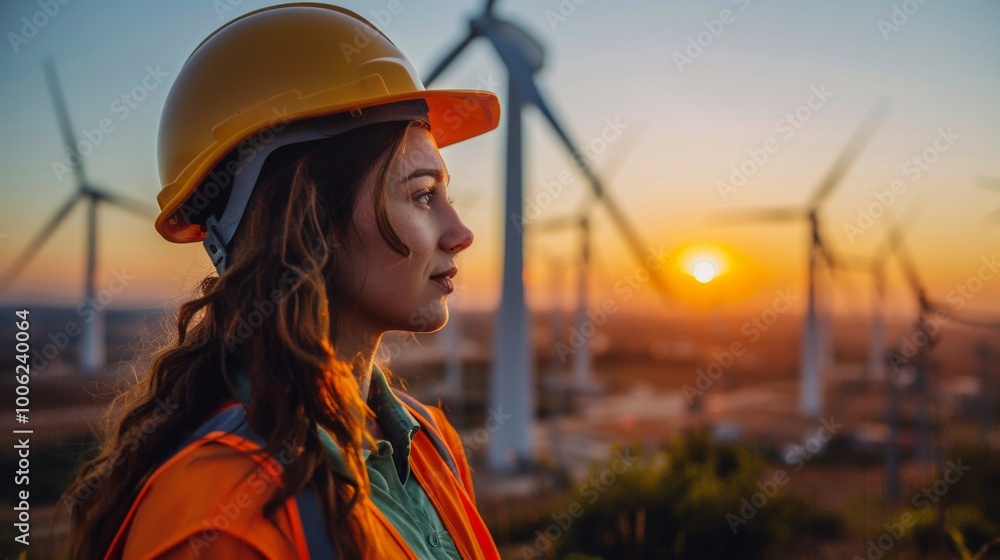 Wind energy engineer in a field of turbines at sunset. Yellow helmet, orange vest stand out. Various turbines sizes with yellow towers. Warm, serene glow. Wind energy engineer in a field of turbines at sunset. Yellow helmet, orange vest stand out. Various turbines sizes with yellow towers. Warm, serene glow.
