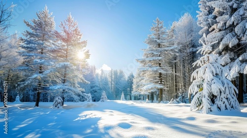 Snow-covered woodland with tall pine trees under a clear blue sky capturing the serene beauty of December