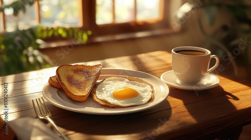 A plate of fried eggs, buttered toast, and a cup of coffee, arranged on a cozy breakfast table in a warm and realistic setting photo