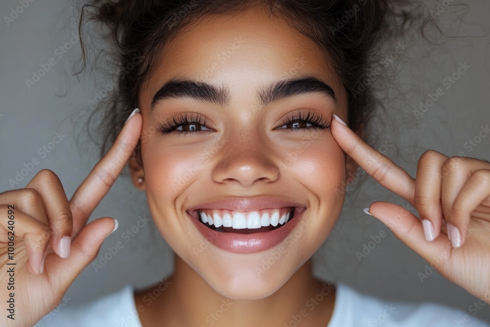 Smiling young woman with beautiful eyes poses for the camera indoors Smiling young woman with beautiful eyes poses for the camera indoors