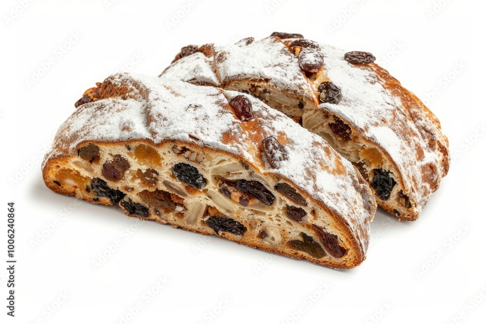 Golden-brown German Stollen dusted with powdered sugar sliced to reveal candied fruit and nuts isolated on a white background Golden-brown German Stollen dusted with powdered sugar sliced to reveal candied fruit and nuts isolated on a white background